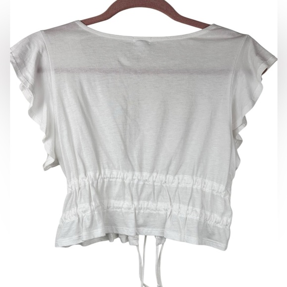 Garage white sheer cropped top, S, ruffle sleeves, tie up front, deep v, coverup - Picture 5 of 5